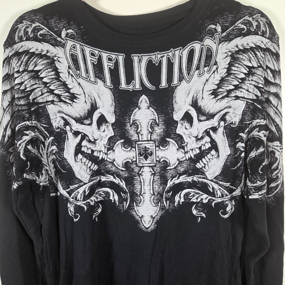 Affliction Thermal Shirt Mens Large Black Skull Cross Graphic Y2K Grunge Biker - Picture 3 of 8